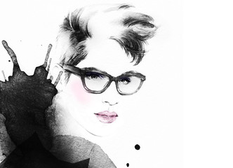 woman portrait with glasses .abstract watercolor .fashion illustration
