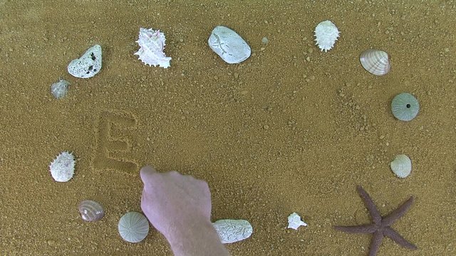 The inscription "earth" written word finger in the sand. Bordered by rocks and seashell