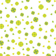 seamless pattern of small green and yellow flowers and hearts on