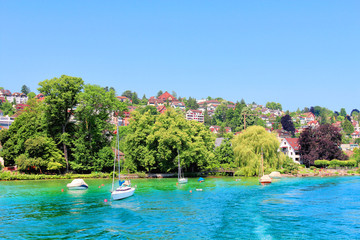 Beautiful view of the shore of Zurich lake  on a summer day.