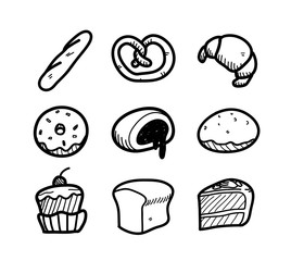 Bakery Icon Doodle Set, a set of hand drawn vector doodle illustration of bakery and patisserie elements.