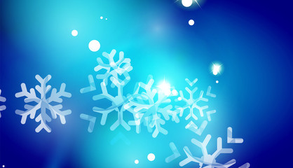 Fototapeta na wymiar Christmas blue abstract background with white transparent snowflakes