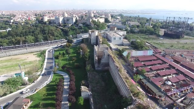 ISTANBUL, TURKEY - 15 OCTOBER, 2015: Video capture from a height, ancient ruins Walls of Theodosius. Istanbul. Turkey