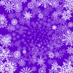 Winter watercolor abstract background with falling snow splash texture. Icicles edge. Christmas, New Year hand drawn template. Shades of violet and pink watercolour stains. Snowflakes are removable.