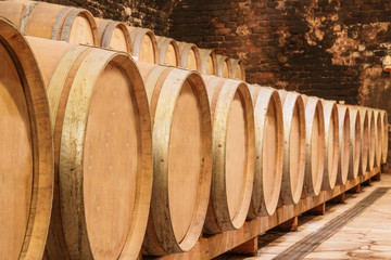 Close-up of wooden wine barrels