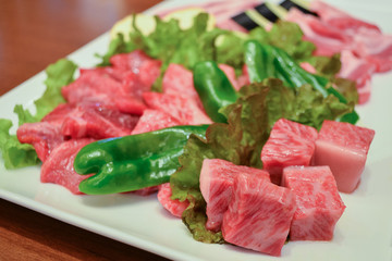 Wagyu premium japanese beef ready for grill, yakiniku japanese f