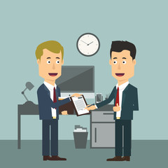Vector flat illustration of two businessmen making signing deal.