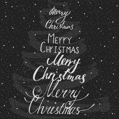 Merry Christmas Calligraphic card And Typographical Background On Blackboard With Chalk Word Art. Christmas eve card.