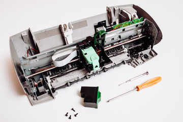 broken ink jet printer isolated on white background
