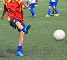 Obraz premium Young soccer player kicks the ball