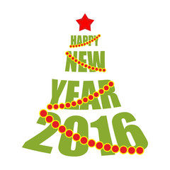 Happy new year 2016. Tree from text. Red Star and Christmas tree
