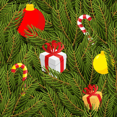 Fototapeta na wymiar Branch of tree and gifts seamless pattern. Christmas green backg