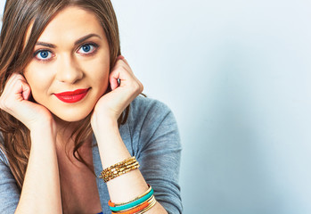 Smiling woman close up portrait. One model long hair