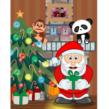 Santa Claus with christmas tree and fire place Vector Illustration
