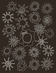 Sun symbols for your design. Hand drawn set of different suns isolated.