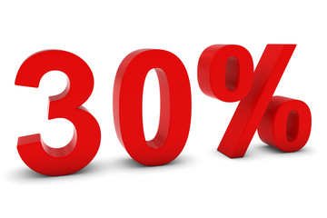 30% - Thirty Percent Red 3D Text Isolated on White
