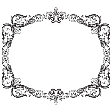 Vintage baroque frame scroll ornament engraving border floral retro pattern antique style acanthus foliage swirl decorative design element filigree calligraphy vector