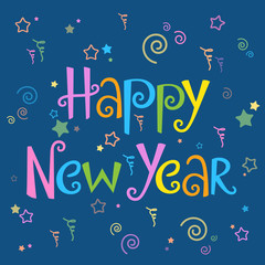 HAPPY NEW YEAR in festive handdrawn font with stars, spirals and streamers