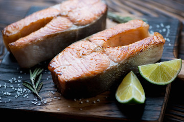 Roasted trout fillets with sea salt and lime, close-up