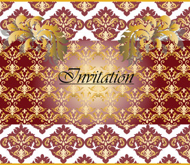 Classic Golden Floral Damask Invitation Card, Red. Vector