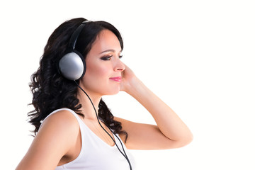 Smiling woman with headphones in profile isolated