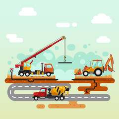 Vector flat style illustration of construction process. Truck crane and bulldozer or excavator laying of the pipes. Including sand and cement, concrete mixer, pipelines.