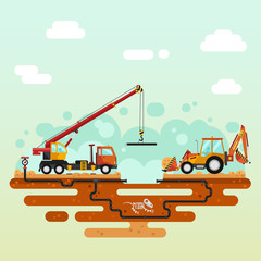 Vector flat style illustration of construction process. Truck crane and bulldozer or excavator laying of the pipes. Including sand and cement, dinosaur's bones, pipelines.
