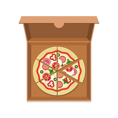 Sliced pizza in open delivery box