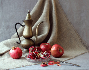 Still life with fruit and a kettle rarity..
