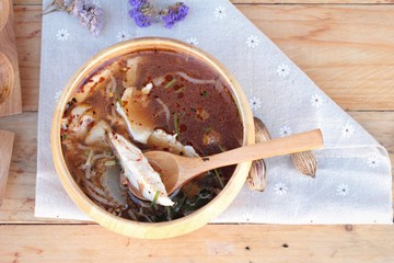Chicken noodle and soup in bowl delicious.