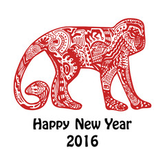 New Year card with red hand-drawn monkey
