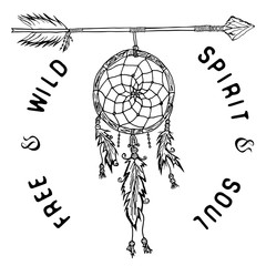 Dream catcher and arrow, tribal legend in Indian style with traditional headgeer. dreamcatcher with bird feathers and beads. Vector illustration, letters Free and Wild spirit and soul. isolated
