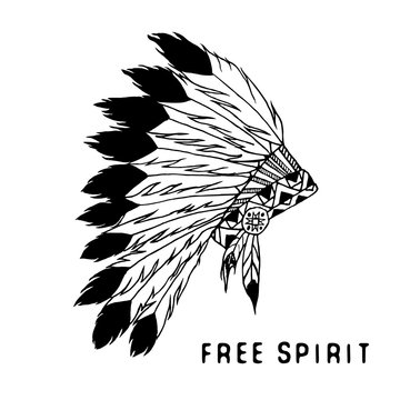 Tribal legend in Indian style, Native american traditional headgeer with bird feathers and beads. Vector illustration, letters Free spirit. isolated