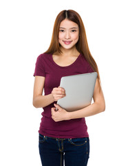 Asian Young Woman hold with laptop computer