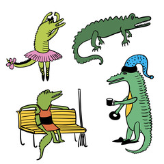 Crocodiles funny bright multi-colored comic set outline cartoon vector illustration