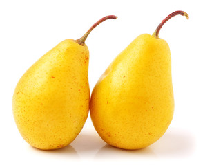 pair of yellow ripe, juicy pears. On a white background.