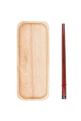 Top view : wooden chopsticks and wooden tray.
