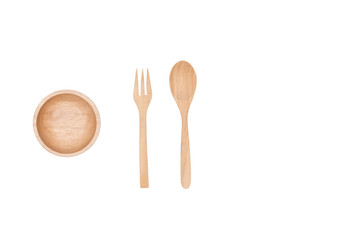 Top view : wooden spoon and wooden cup isolated on white backgro