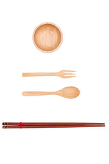 Top view : wooden spoon, wooden cup and wooden chopsticks.