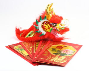 Chinese New Year gift envelop dragon lion head greeting of Gog Xi Fa Cai CNY