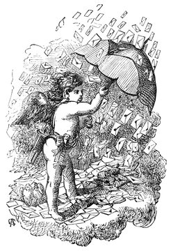 An Engraved Vintage Illustration Image Of The Cherub Eros Holding An Umbrella, As It's Raining St Valentine's Day Cards From A Victorian Book Dated 1883 That Is No Longer In Copyright