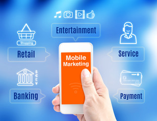 Hand holding smart phone with Mobile Marketing word and icon on