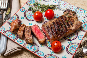 Sliced medium rare grilled Beef steak Ribeye