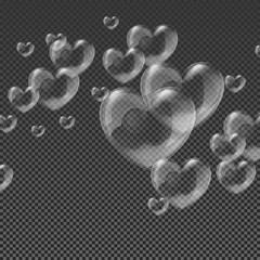 Heart-shaped transparent clean realistic soap water bubbles on abstract checker background vector illustration