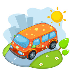 Yellow flowered bus rides in the summer on the road