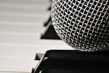 Microphone on a piano keyboard.