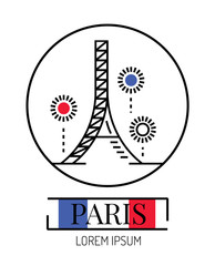 Eiffel tower with fireworks. line flat logo and icon design. 