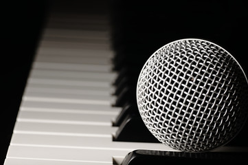 Microphone on a piano keyboard.