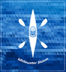 Whitewater paddle sports illustration. White silhouette on deep blue background. Boat symbol woth crossed paddles
