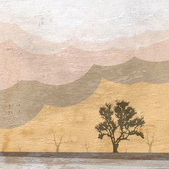 barren landscape with smoke on wood grain texture
